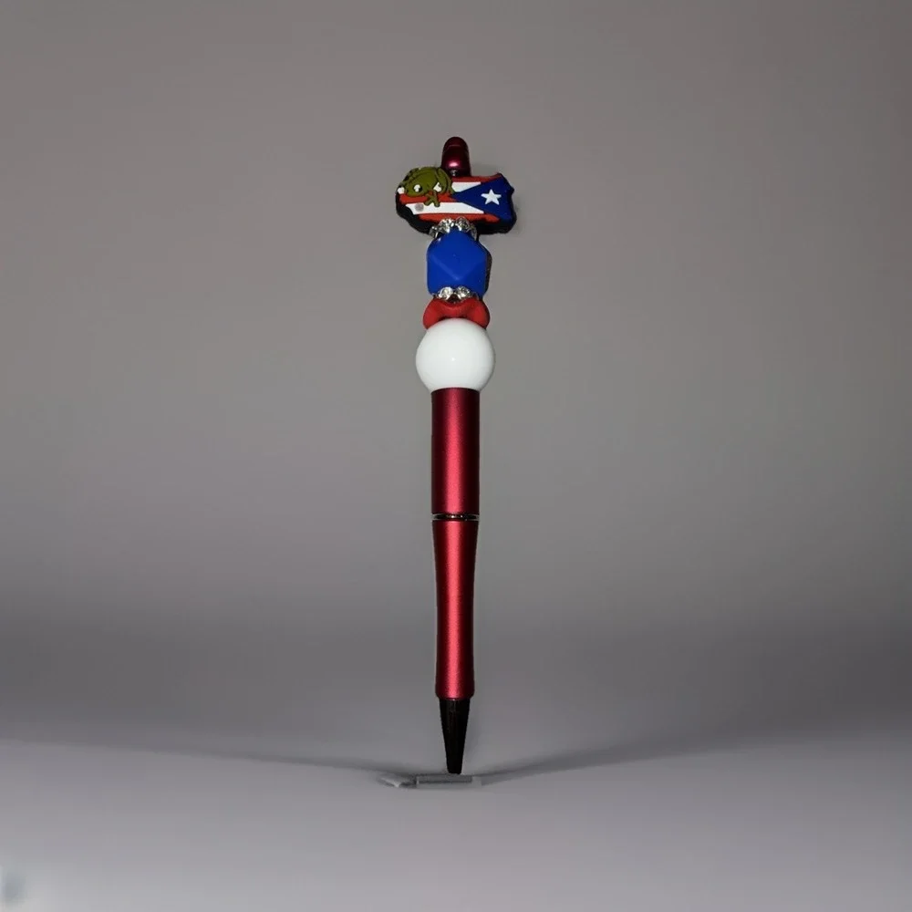 Puerto Rico Custom Handmade Beaded Pen PR Map Flag Coqui Blue Ink Retractable